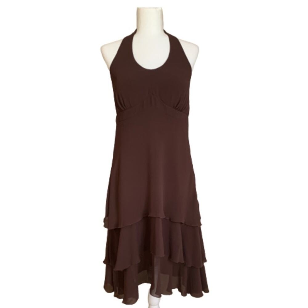 Componix Dress Petite Chocolate Brown Tiered Halter Chiffon Dressy Size 12P